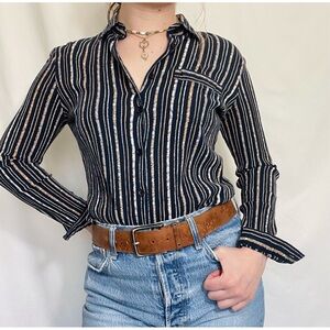 🦞3/$30🦞 Vintage | Ribbed Textured Navy Striped Button-Down Long-Sleeve Blouse